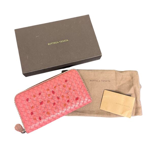 Bottega Veneta Floral Embroidered Intrecciato Leather Zip Around Wallet in Pink - Picture 1 of 16